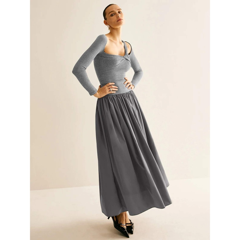 COMMENSE Light Grey Asymmetrical Pleated Panel Maxi Dress Long Sleeve XS